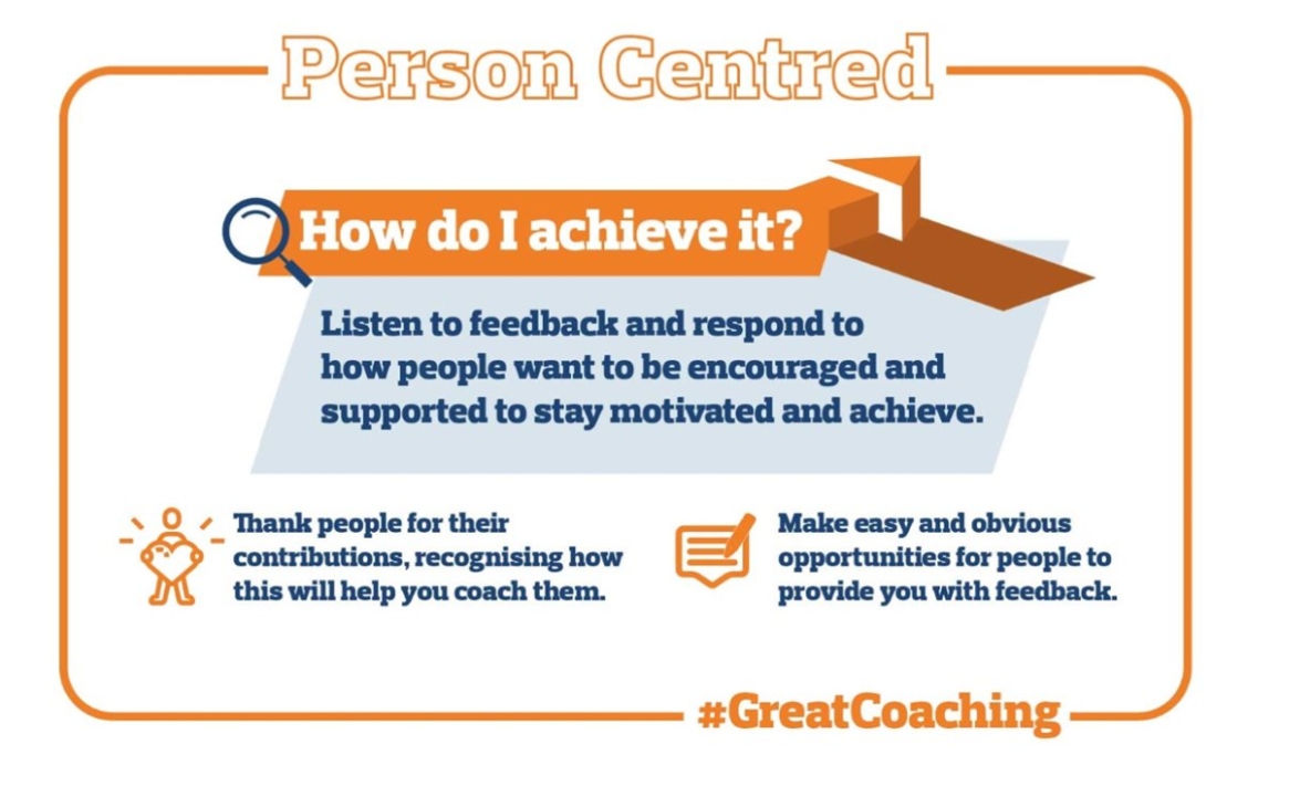 Text: Person Centred. How do I achieve it? Listen to feedback and respond to how people want to be encouraged and supported to stay motivated and achieve. Thank people for their contributions, recognising how this will help you coach them. Make easy and obvious opportunities for people to provide you with feedback. #GreatCoaching.